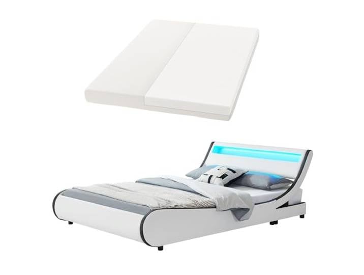 Juskys Polsterbett Valencia 180x200 cm komplett mit Matratze, LED Beleuchtung, Lattenrost & Kopfteil - Bett Doppelbett - weiß