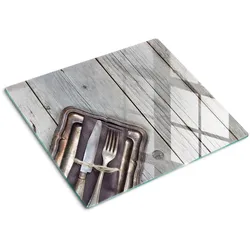 GLASPLATTE 60x52 cm Besteck auf Brettern