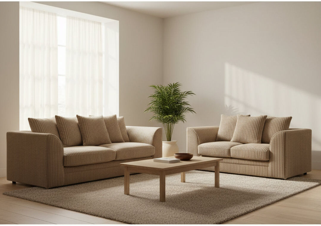 Canora Grey Two Piece 3 and 2 Seater Jumbo Cord Fabric Sofa Set Coffee 2