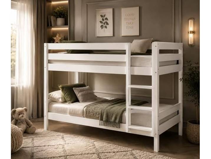 Homeline Weiss Kinderbett Etagenbett mit Rolllattenroste Massiv Hochbett Spielbett Stockbett 90x200 cm Matratzen geeignet
