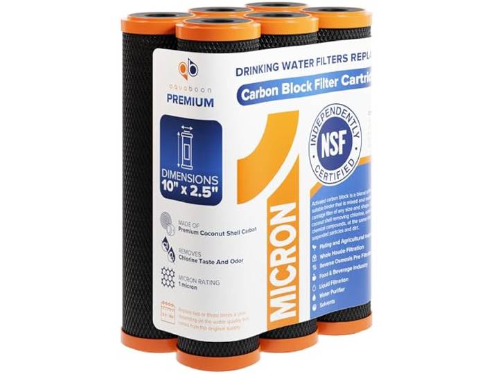 Aquaboon 1 Mikron Kohleblock-Wasserfilter, 10 x 2,5 cm, CTO Ganzhaus-Wasserfilter für Arbeitsplatte, Unterspüle, kompatibel mit FXWTC, 6 Stück
