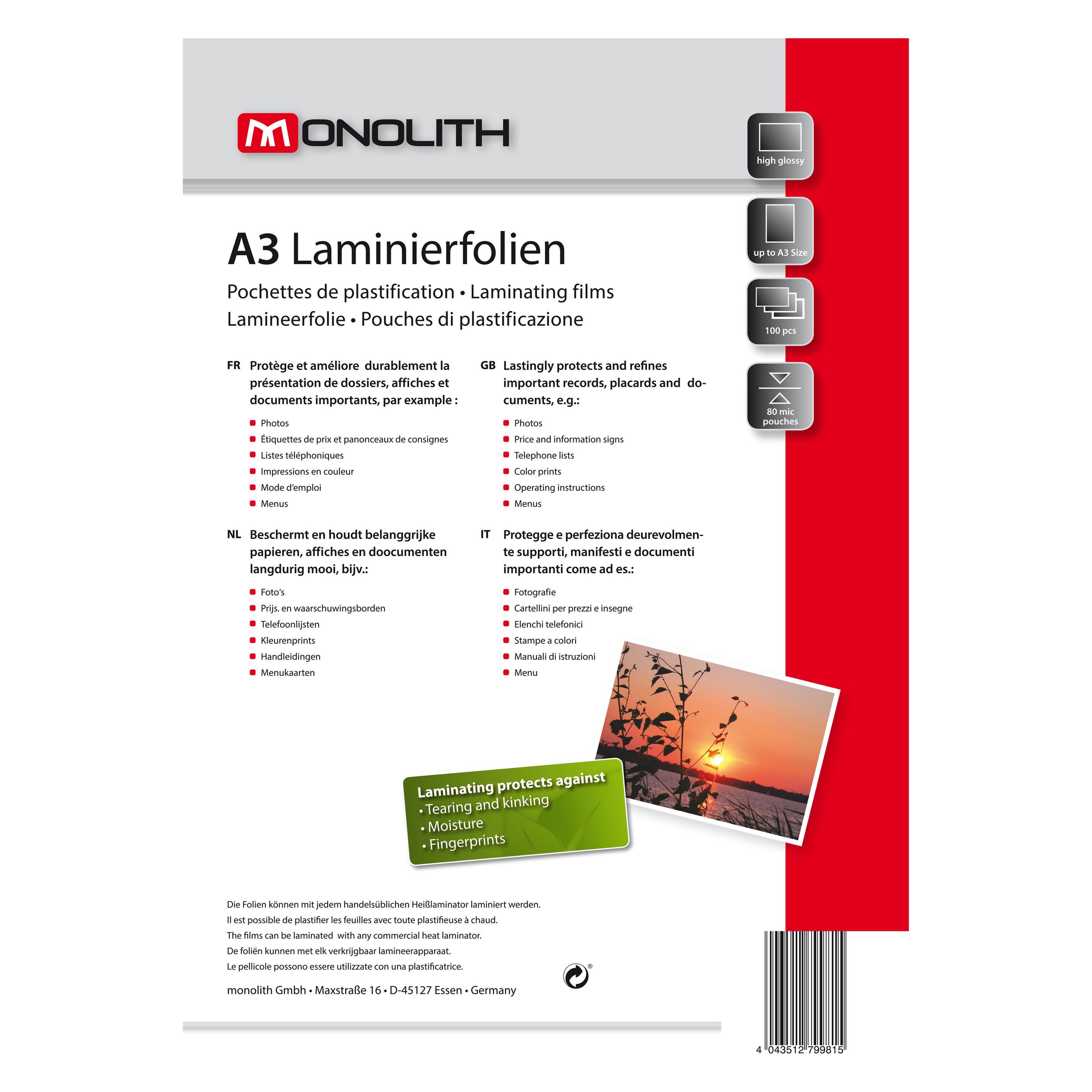 Monolith Laminierfolien A3 100er 80µ hochglänzend (A3, 100 Stk., 80 µm) (42583330)