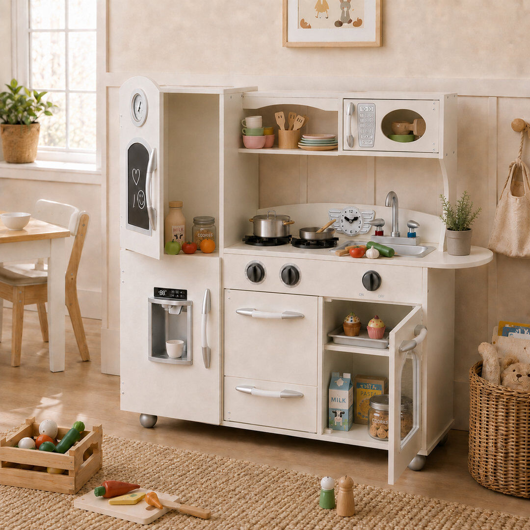 Teamson Kids Retro Wooden Play Kitchen with Chalkboard, Pretend Icemaker & Accessories White