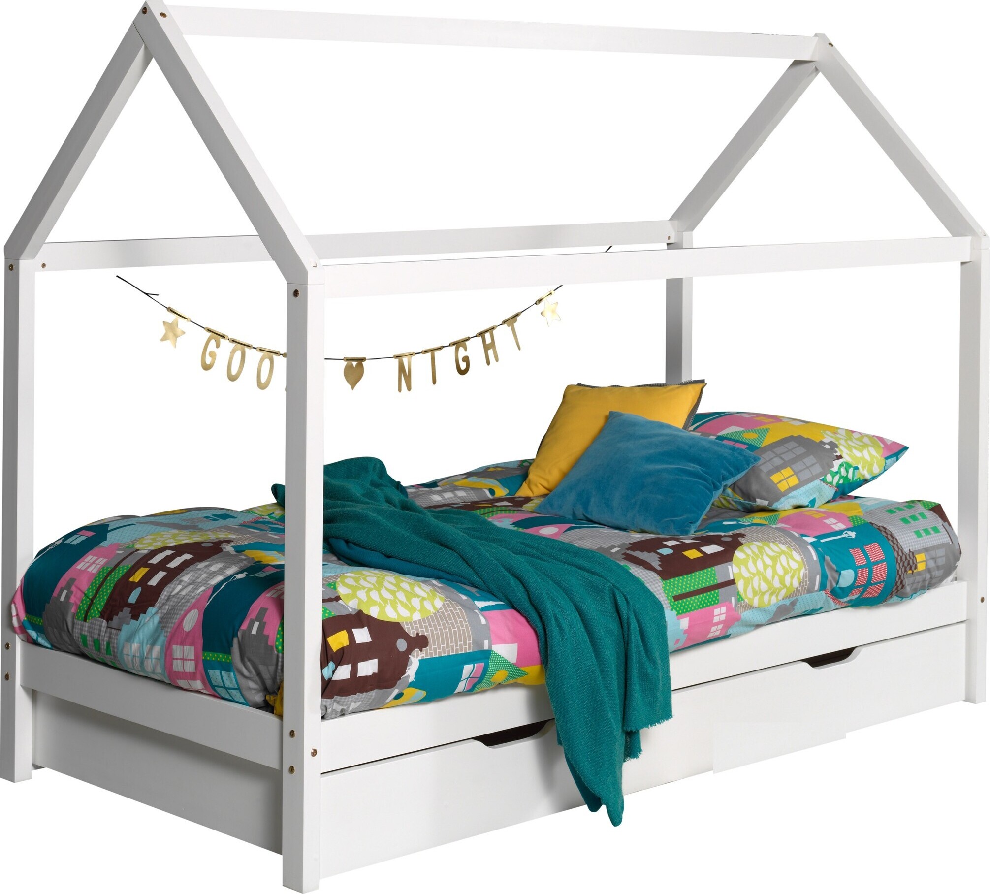 Hausbett >DALLAS< in Weiß aus Massive Kiefer - 208x158,5x98cm (BxHxT)