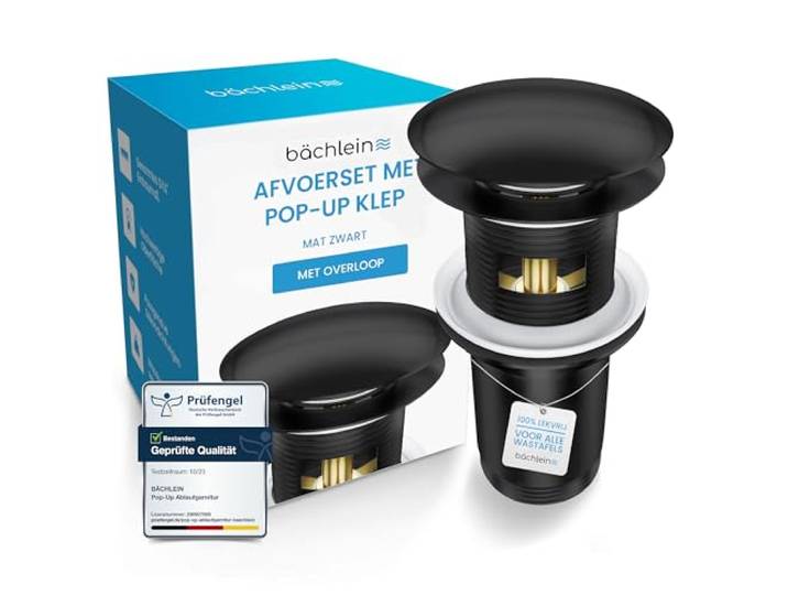 Bächlein universele afvoerset met overloop - [matzwart] pop-up ventiel - messing afvoerventiel - montage met handleiding