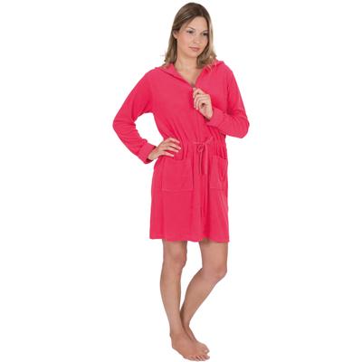 Damenbademantel WEWO FASHION "031, ideal für Sauna & Spa, Hotelbademantel, Morgenmantel" Gr. S, lila (erdbeere), L:90cm, Leichtfrottee, Hausmäntel, & Tunnelzug zum Binden, kurz