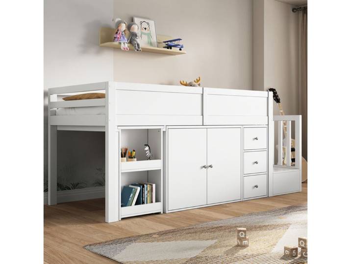 Lit mezzanine enfant 90x200 cm avec bureau extensible compartiment de rangement placard et 3 tiroirs - bois blanc sans matelas