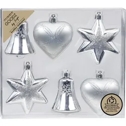 Inges Glas Christbaumschmuck Glocke Herz Stern Kunststoff 14 cm 6 Stück silber