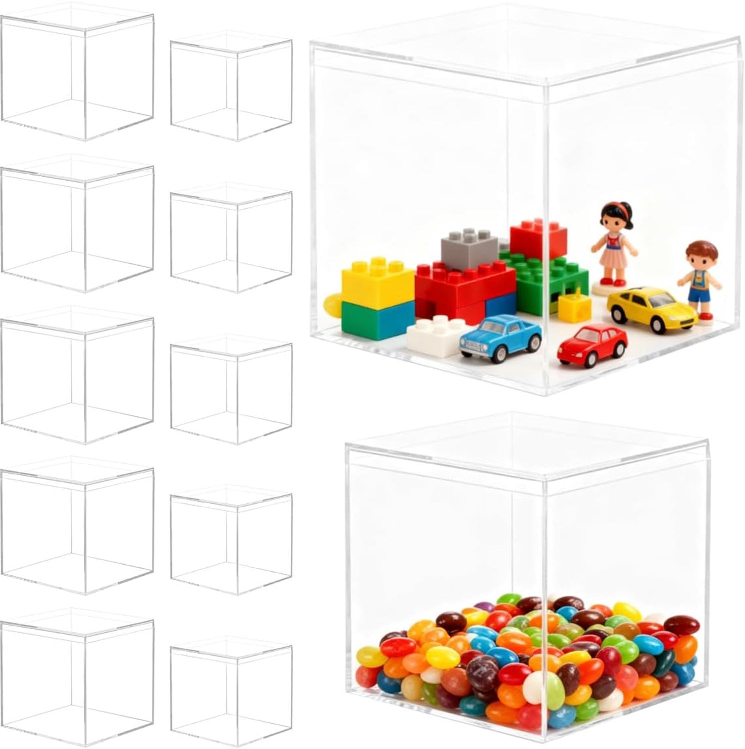 Transparante acryldoos met deksel voor sieraden en vitrine, kleine vierkante opbergdoos, B/D/H: 4,5 x 4,5 x 4,5 cm en 5,5 x 5,5 x 5,5 cm