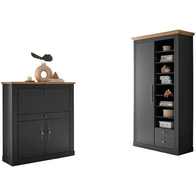 Büromöbel-Set OTTO HOME "Westminster, wohnliches Home-Office, Büro in zwei Farben verfügbar", schwarz (dunkelgrau), Holzwerkstoff, Arbeitsmöbel-Sets, Büromöbel-Set, enthält Sekretär und Stauraumschrank im Landhausstil, mit Kabelkanal