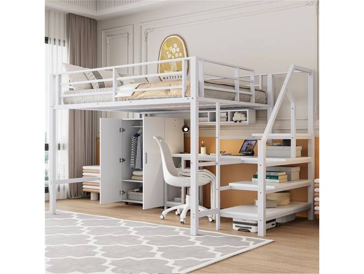 Lit haut 140x200cm fer + MDF armoire + étagères escalier rangement bureau intégré chambre studio adulte multifonction gain place