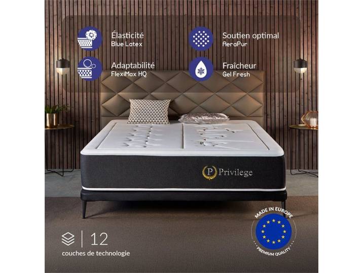 Matelas Privilège 160x200 - Épais 30 cm - 12 couches premium - Mémoire de Forme + HR + Blue Latex - Maintien Durable du Dos