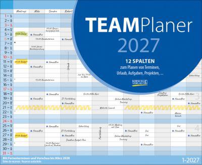 Korsch Wandkalender Teamplaner 2027, 12 Spalten, Ferientermine und Vorschau bis März 2028, Kalendarium für D/GB/F/I, L 360 x B 440 mm, weiß