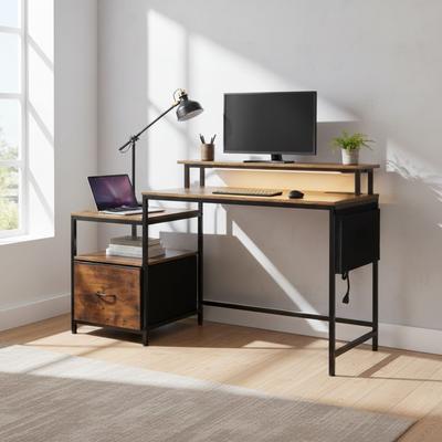 "FurnitureR 39"" Computer Desk with Power Outlets, USB Ports and Storage Shelves"