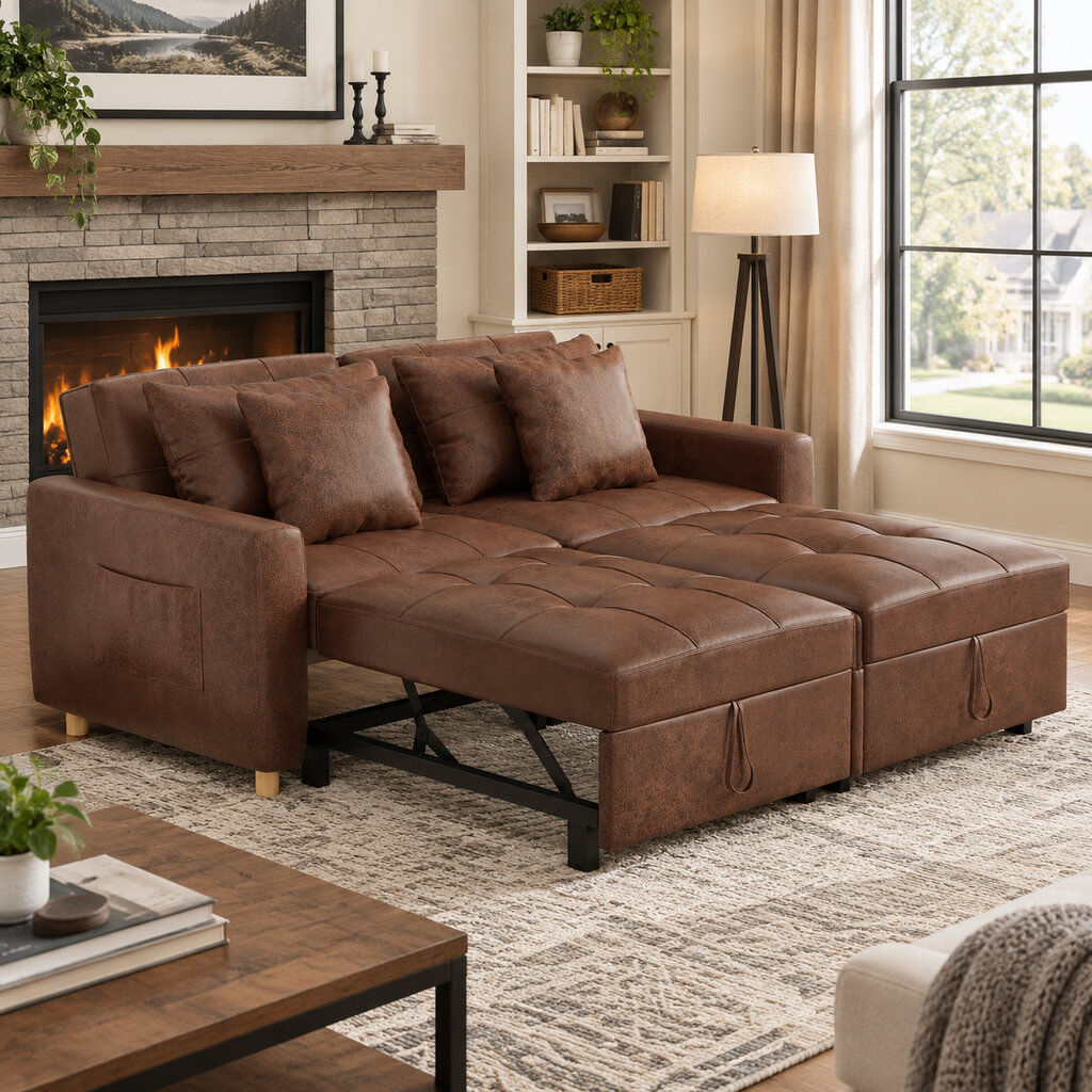 Latitude Run 2 Seater Faux Leather Sofa Bed with Storage Brown 90cm H X 189cm W X 90cm D