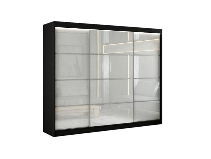 Margaret Hadas24 Schwebetürenschrank Porto III 250 cm 3-türig, schwarz, lacobel weiß, Sprosse, Schwarz, Weiß, Kunststoff, 250x215x61 cm, Schlafzimmer, Kleiderschränke, Schwebetürenschränke