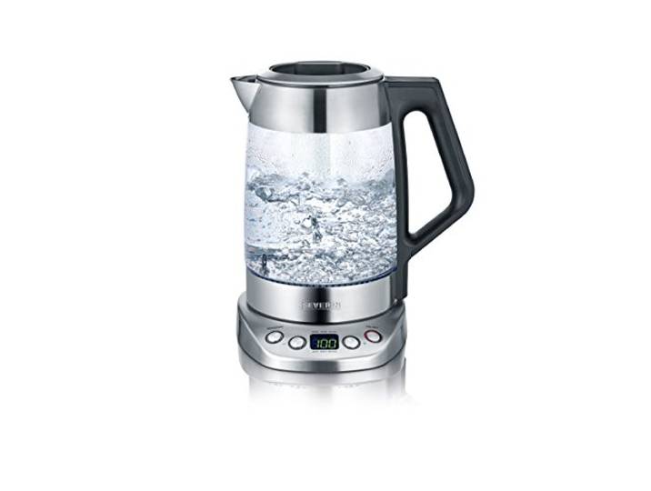 SEVERIN Glas Tee- und Wasserkocher, Teekocher mit einstellbarer Temperatur und Ziehzeit, Glas Wasserkocher mit voreingestellten Teeprogrammen, 3.000 W, Edelstahl, WK 3479