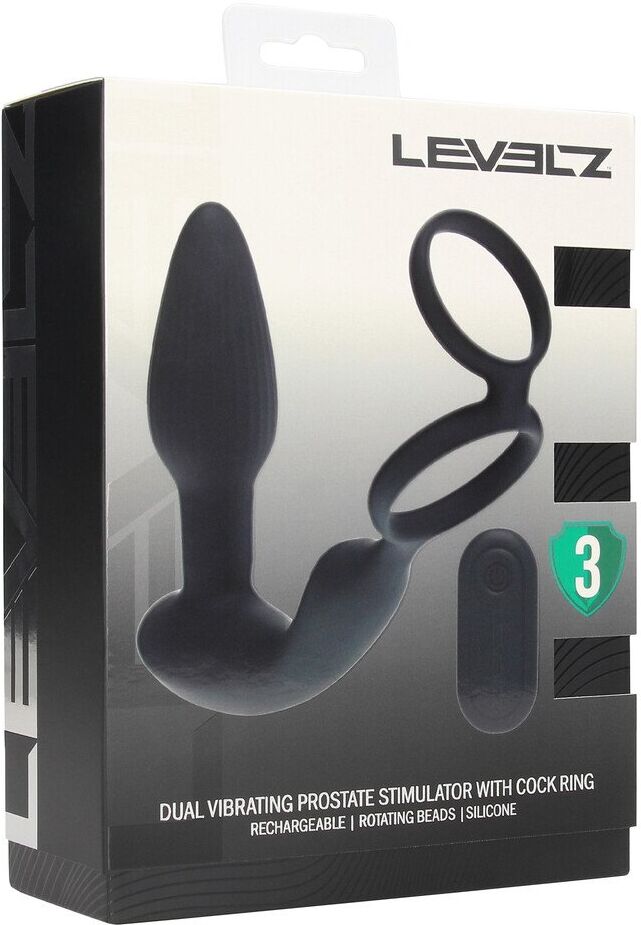 Levelz Dual Vibrating Remote Rotating Beads Silicone Prostate Stimulator with Cock and Ball Ring - Black