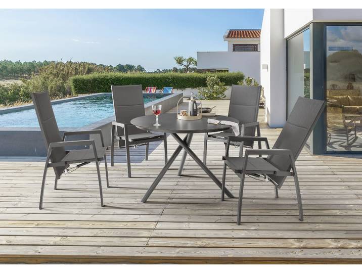 Garten-Essgruppe DESTINY COSTA BARLETTA 4 HL + Tisch Ø110cm anthrazit , grau (anthrazit), Sitzmöbel-Sets, Garten-Essgruppe, Aluminium, Textilene, HPL