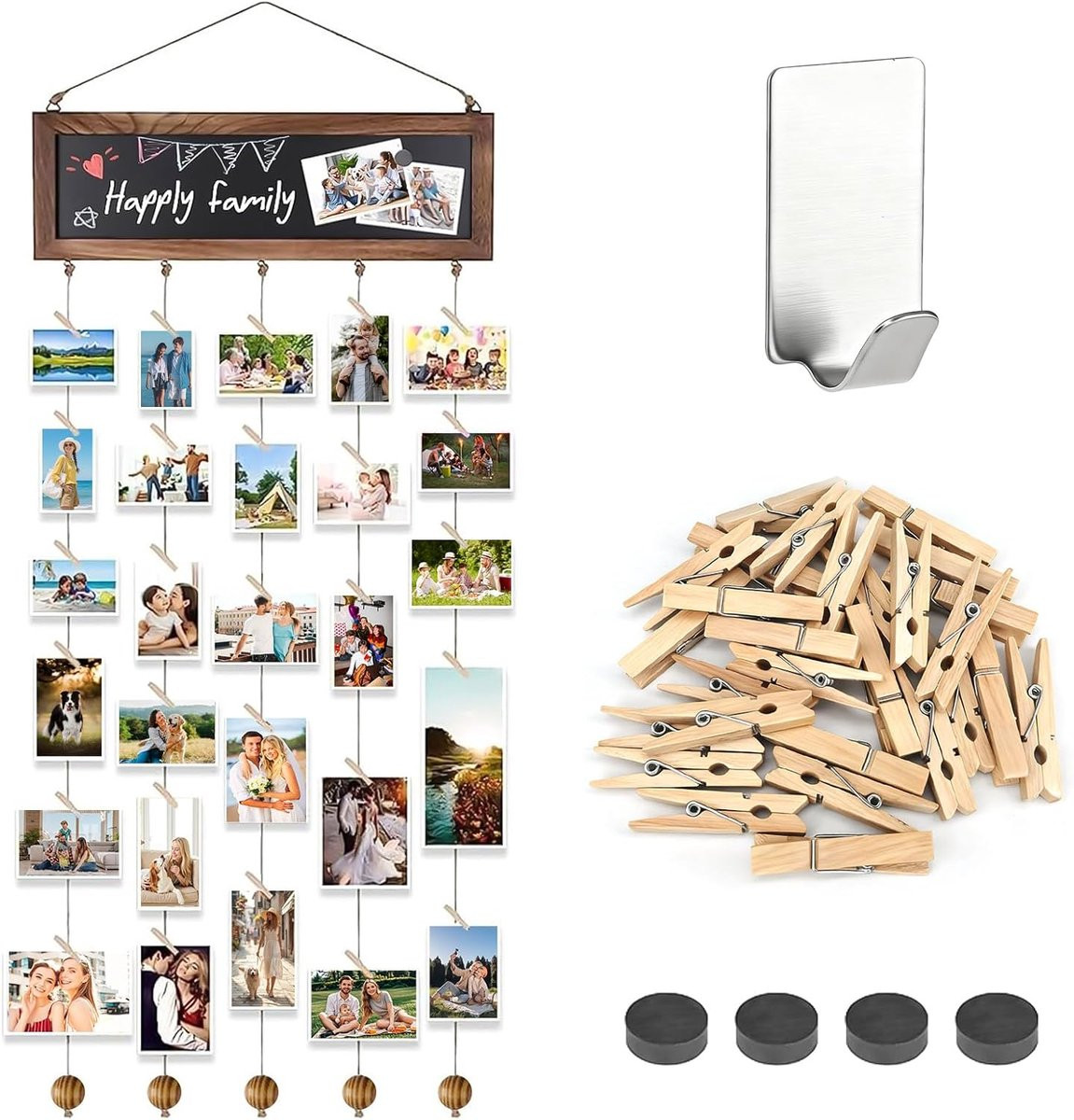Fotogordijn met 30 houten klemmen voor het ophangen van foto's en wanddecoraties