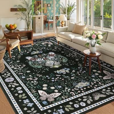 Garvee Tiger Head Floral Washable Low Pile Non-Slip Area Rug