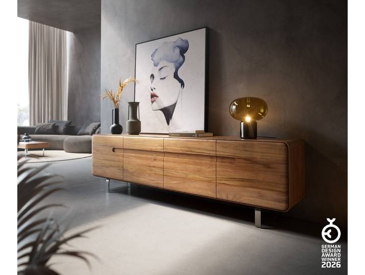 DELIFE Lowboard Anaya 200 cm Akazie Natur 4 Türen L-Fuß Edelstahl, Lowboards