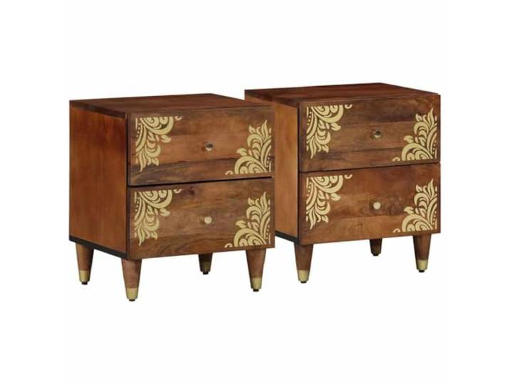 fsahslih Nachttisch 2er Set Massivholz Mango 40x33x46 cm Honigbraun Handbemalte Fronten aus echtem Mangoholz bringen Wärme ins Schlafzimmer, ergänzt durch edle Messingknöpfe und Stabilität.
