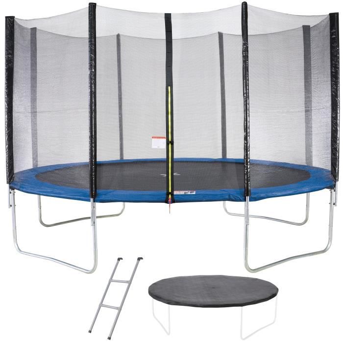 KANGUI Trampolin rund Ø426-430 cm blau mit Sicherheitsnetz, Leiter, Schutzabdeckung & Anker-Set