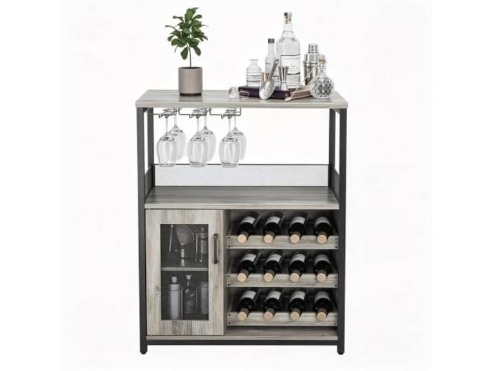 Koioplie Barschrank Metall Weinregal Glashalter Stauraum Grau Glashalter, Abnehmbares Regal, Gittertür, Getränkebereich, Beleuchtung