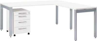 Schäfer Shop Select Komplettset LOGIN, 4-Fuß Schreibtisch 1800 mm, 4-Fuß Anbautisch, Rollcontainer, weiß