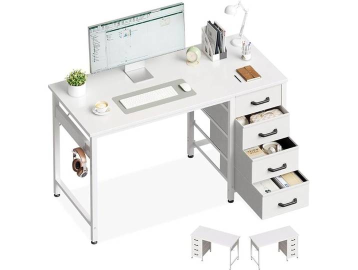 Petit Bureau avec 4 Tiroir en Tissu 100x48cm Bureau avec Rangement Table d'ordinateur avec Crochet pour Casque Table Blanc