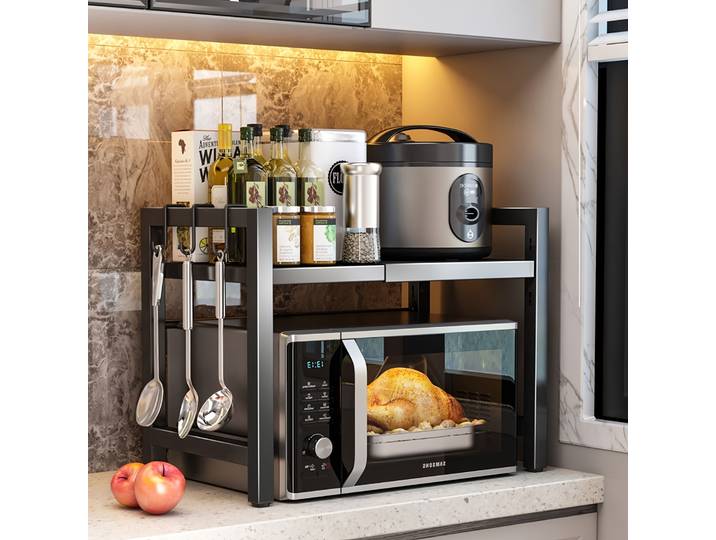 Étagère extensible pour micro-ondes, support pour micro-ondes avec 6 crochets, étagère de rangement de cuisine, support de cuisson, extensible de 40 à 64 cm