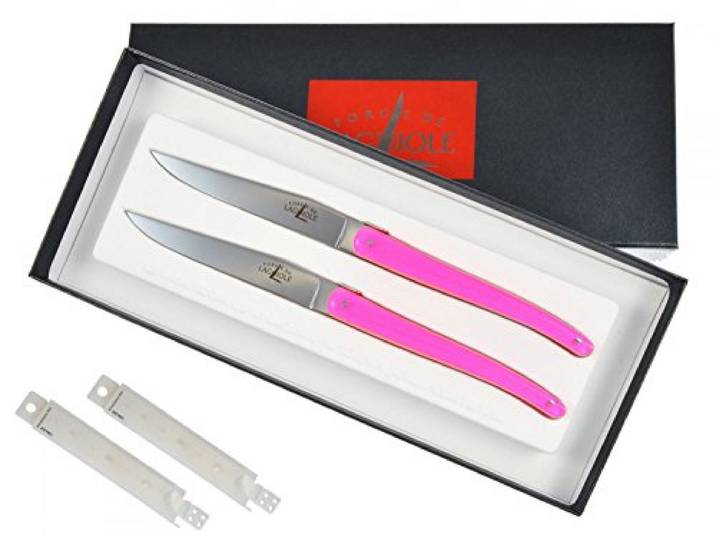 Forge de Laguiole Wilmotte Messer Steakmesser Tafelmesser Griff Acryl rosa, blau, gelb, grün, rot, schwarz + Prymo Color Rosa, Size 2 Messer