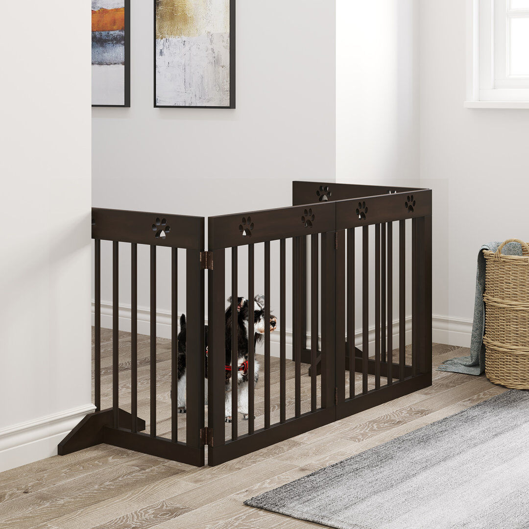 Archie & Oscar Martinez Pet Gate 4 Panel Wooden Dog Barrier Folding Fence with Support Feet Dark Wood 61cm H X 204cm W X 30cm D