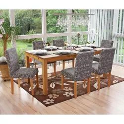 6er-Set Esszimmerstuhl Stuhl Küchenstuhl Littau ~ Textil mit Schriftzug, grau, helle Beine