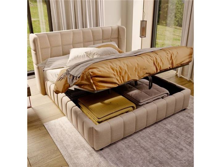 Lit double rembourré 180x200 avec sommier tête et coffre pneumatique beige sans matelas installation pratique