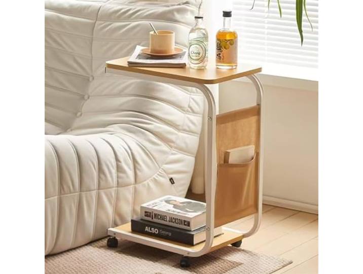 KV-OOGG Sofa-Beistelltisch mit Rollen, schmaler Beistelltisch, C-förmiger Sofa-Beistelltisch mit Aufbewahrungstasche, Kaffee-/Snack-Couchtisch for Wohnzimmer, Schlafzimmer, Nachttisch (Sandelholz)(Ori