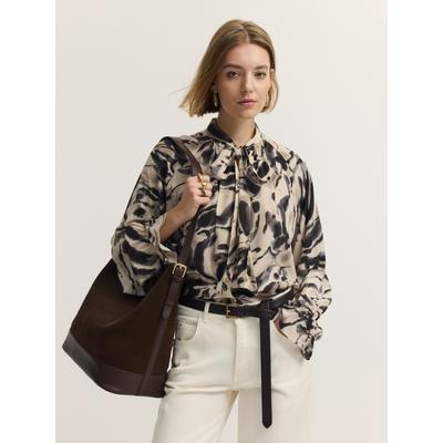 Langarmbluse BUGATTI "Modern Fit", Damen, Gr. 36, 60, taupe, 100% Viskose, gemustert, normal, Rundhals, Blusen, Modern Fit Viskose Grafikprint Schluppe