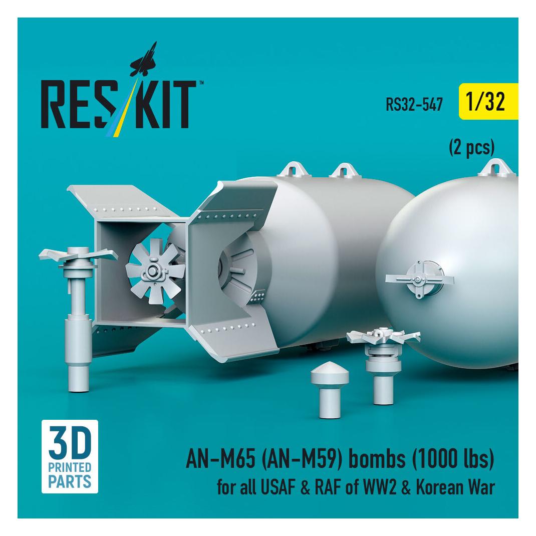 ResKit AN-M65 (AN-M59) bombs (1000 lbs) for all USAF & RAF of WW2 & Korean War (2 pcs) (3D Printed) (RS32-0547)