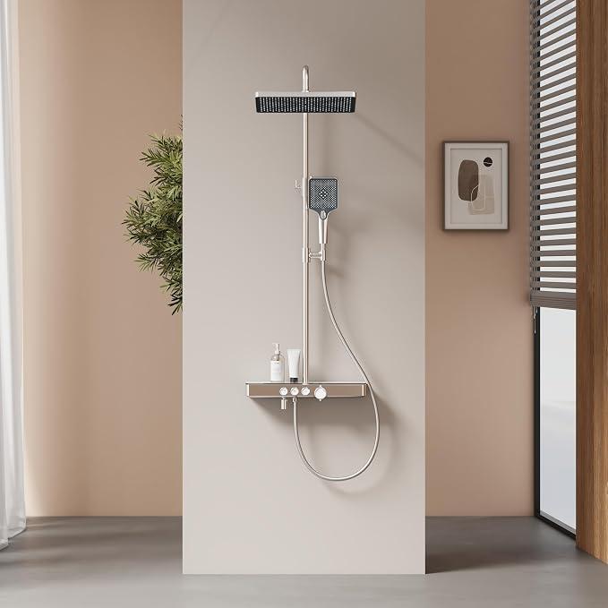 Thermostatische Duschsäule, Regendusche und Handbrause, höhenverstellbar 816-1146 mm, verchromt, Duschset mit Glasablage, 1146 x 450 x 480 mm