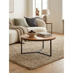 Couchtisch Rund Klein aus Akazie Massivholz mit Metall Design, 60x60x38 cm