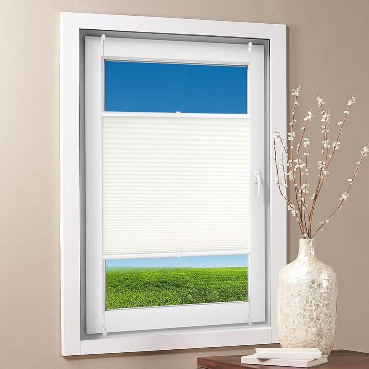 Wit plisségordijn als geplooide jaloezie en rolgordijn voor privacy en zonwering, 90 x 90 cm