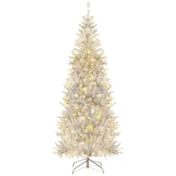 COSTWAY 180 cm Bleistift-Weihnachtsbaum Lametta, Künstlicher Weihnachtsbaum mit warmweißen LED-Lichtern & Metallständer