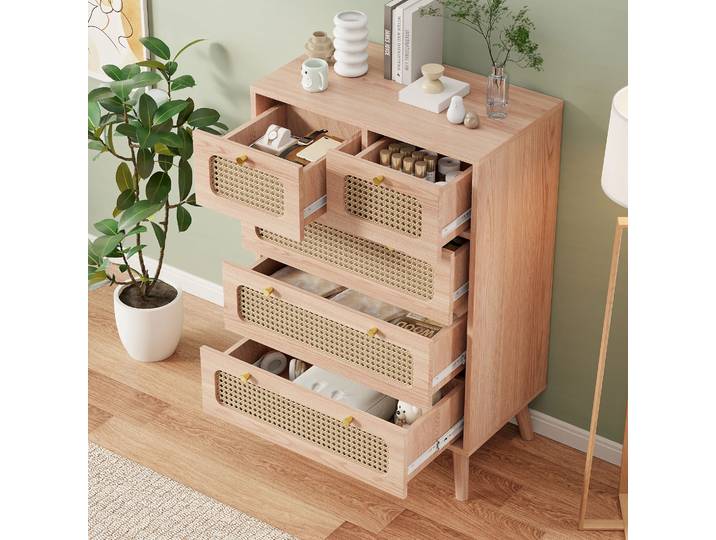 Rosahqnda Commode en rotin, avec 6 tiroirs, 5 tiroirs, armoire de rangement rétro couleur bois de canne, pour salon, chambre à coucher