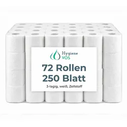 Hygiene VOS Toilettenpapier 3-lagig, 72 Rollen, 250 Blatt, weiß, weich & reißfest – Frischzellstoff für Haushalt & Gewerbe