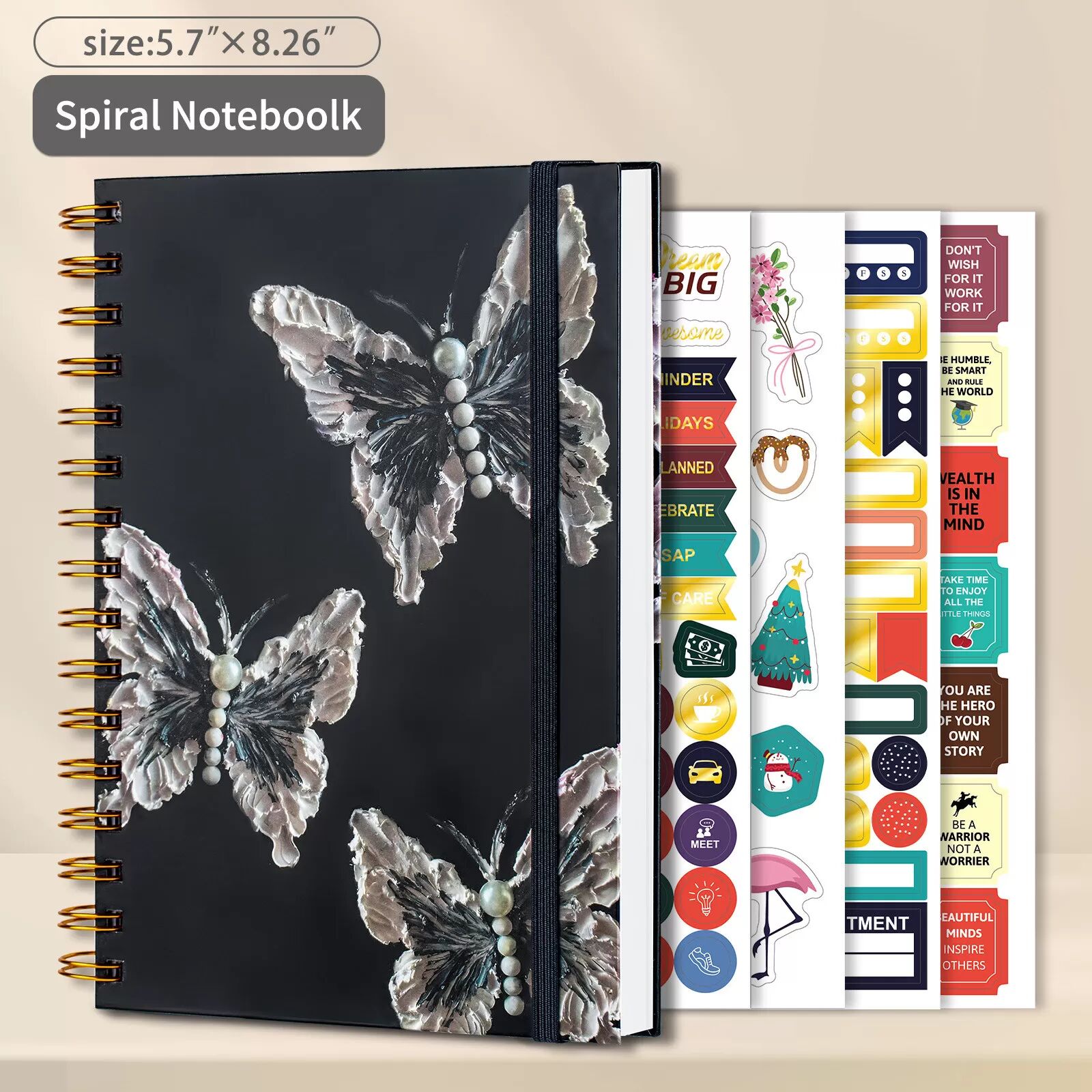INF Cahier à Spirale A5 - Journal Noir à Couverture Rigide Papillon Mystérieux avec Autocollants de Planificateur Dorés B