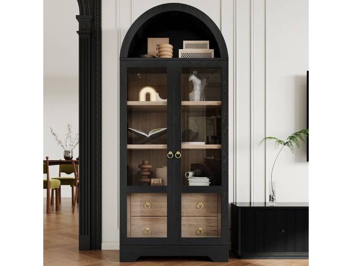 Buffet de cuisine highboard 2 portes vitrées 2 tiroirs avec étagères réglables - LPOSPI - MDF verre noir