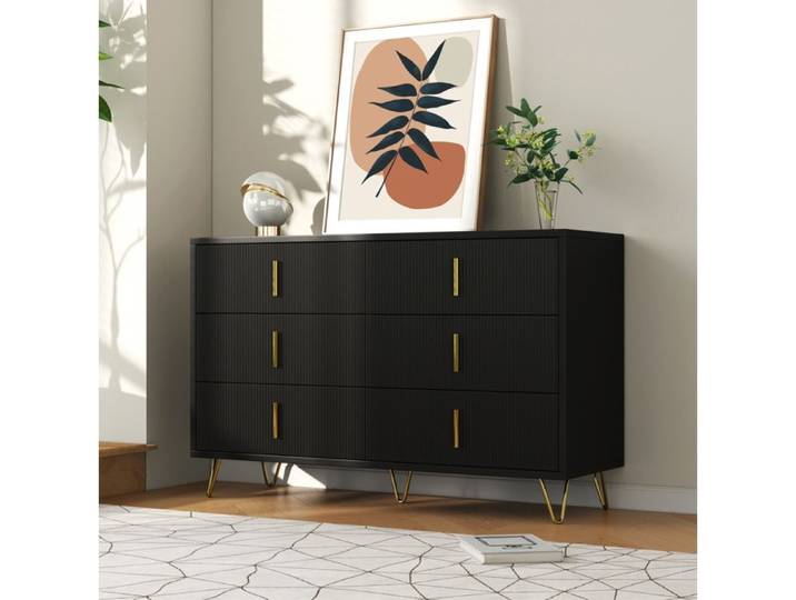 Buffet Bas 6 Tiroirs - ELVMI - Moderne Noir et Doré Salon 120×40×77 cm