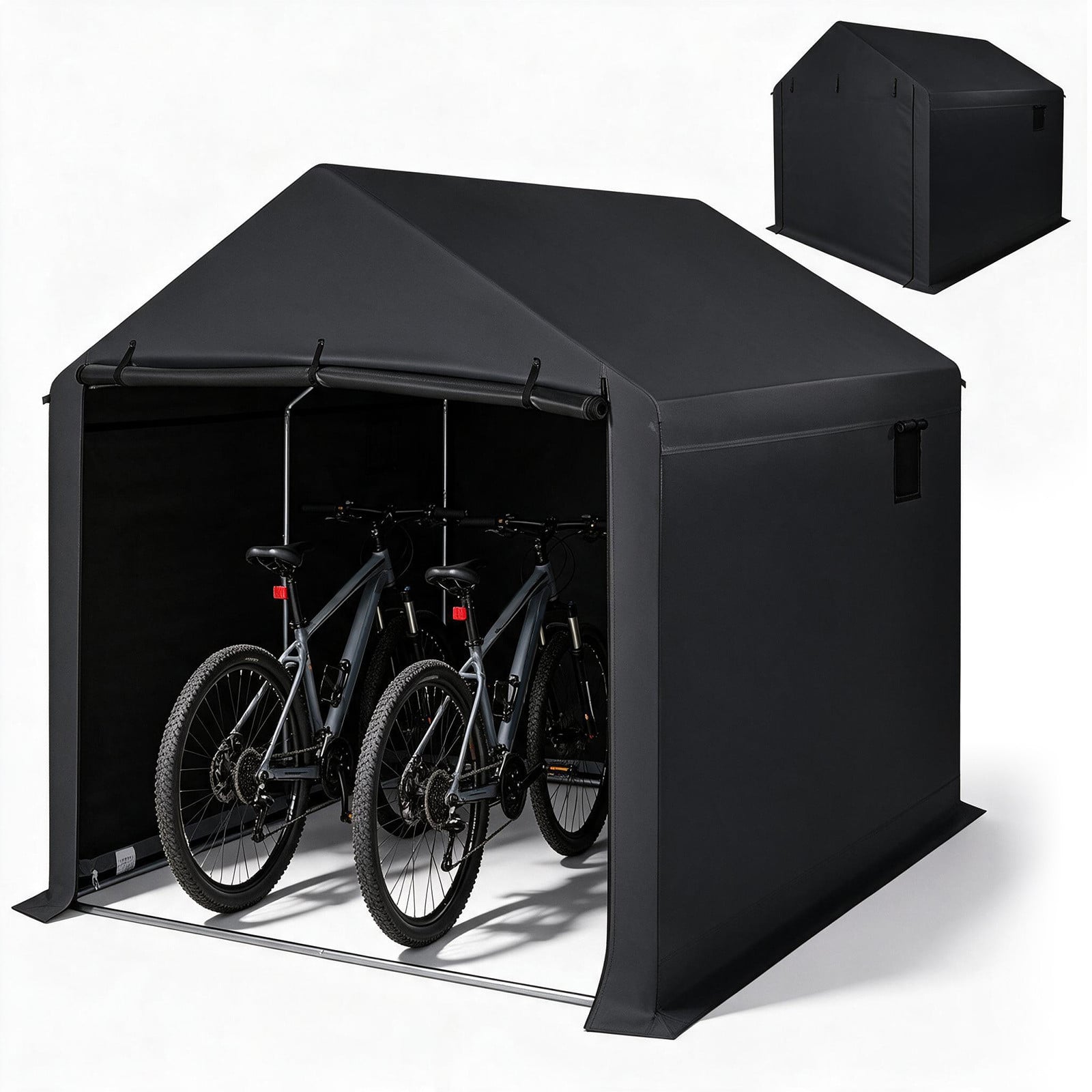 Costway Waterdichte Fietsenstalling en Tuinschuur met Oprolbare Ritssluitingdeur, 2 Ramen en Metalen Frame, Zwart