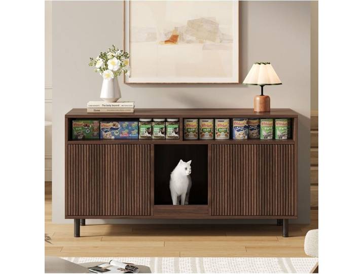 Meuble cache-litière 120x50x66 cm buffet de cuisine avec double porte et tapis anti-litière rangements MDF noyer